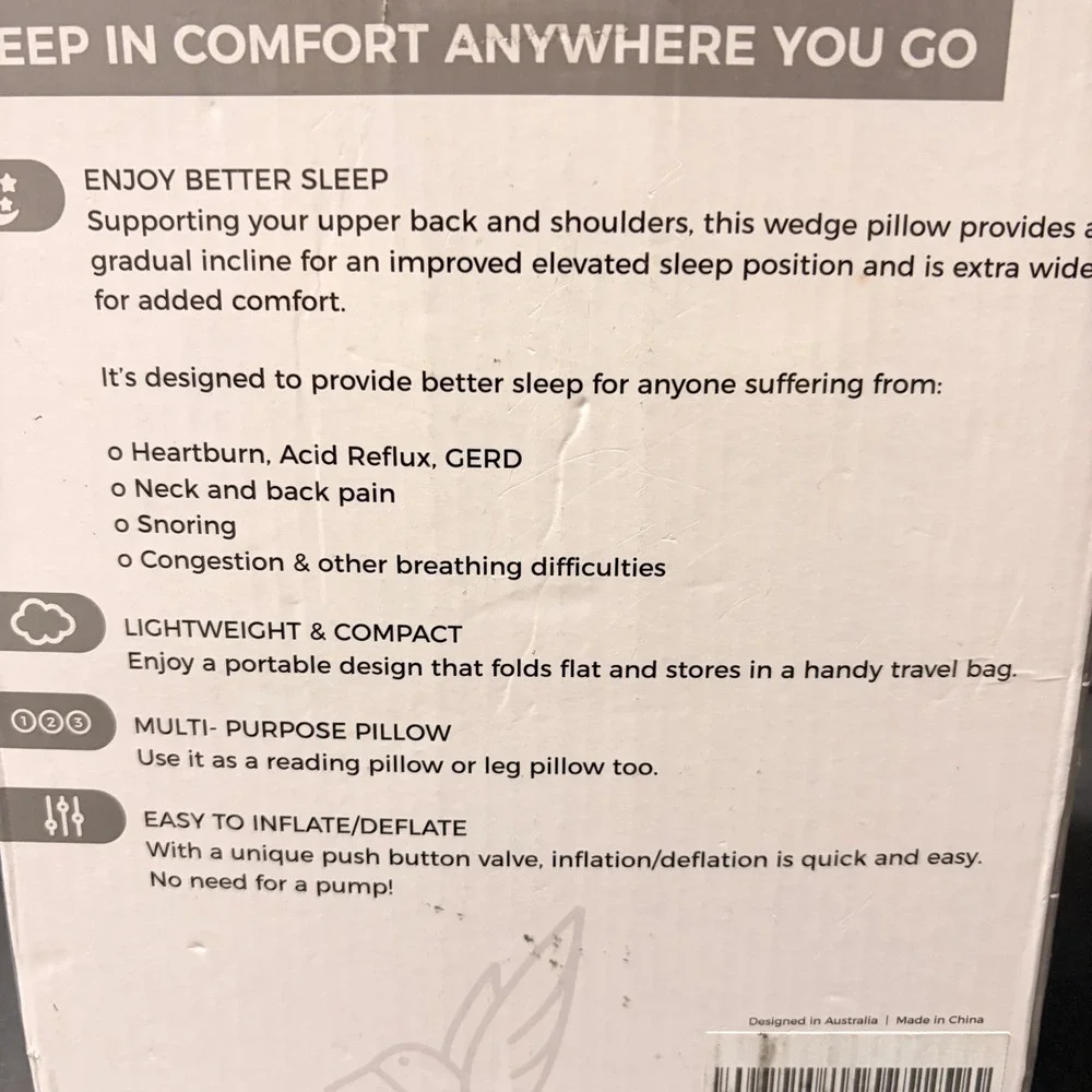 Circa Air Inflatable Wedge Pillow 24x24x8 Travel Portable Gray with Cover Bag